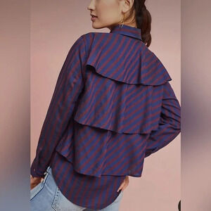 Amo sz S blue red ruffle back prep button down long sleeve shirt Anthropologie